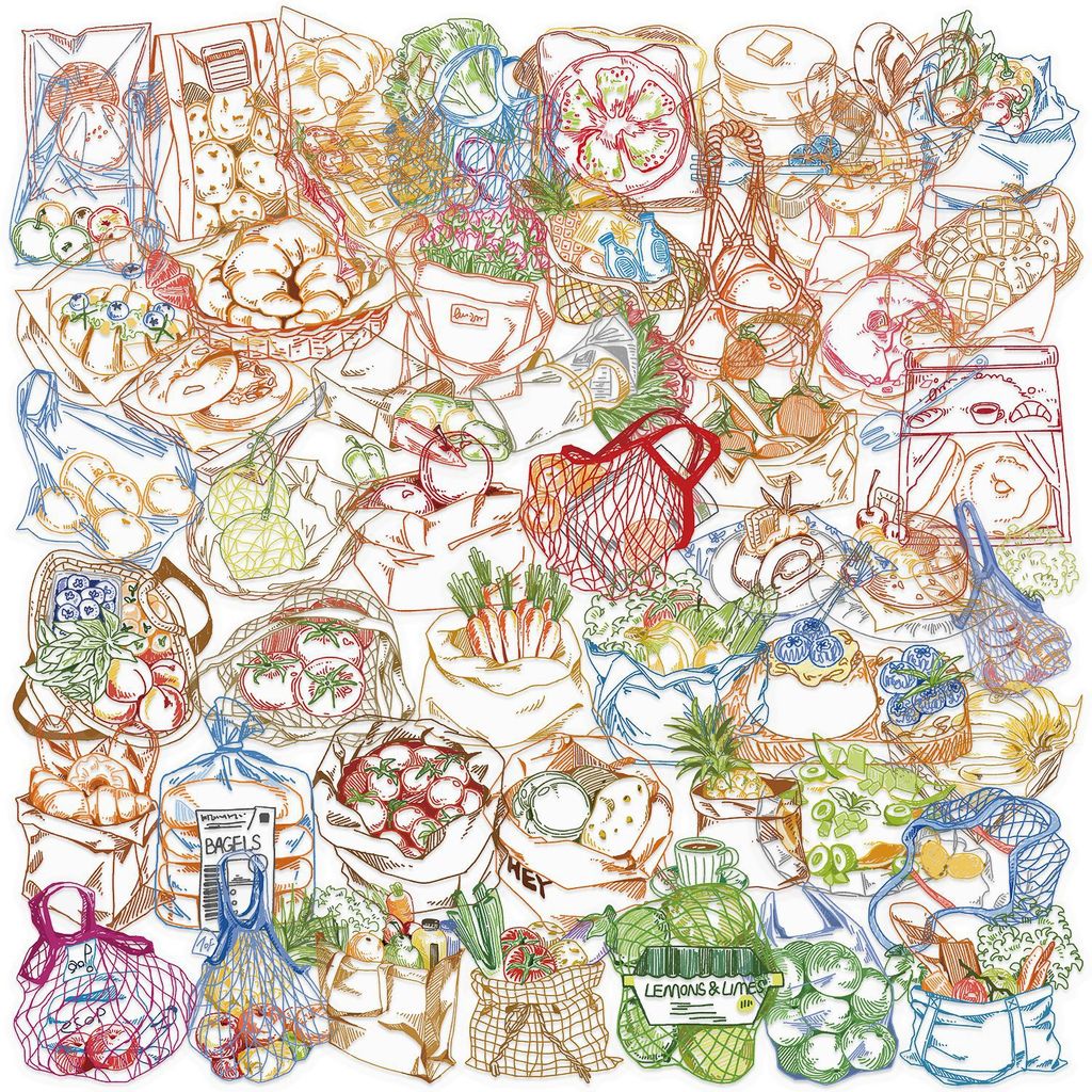 Food Snacks Drawing - 50 Stück farbige Linienzeichnungen Lebensmittel PET