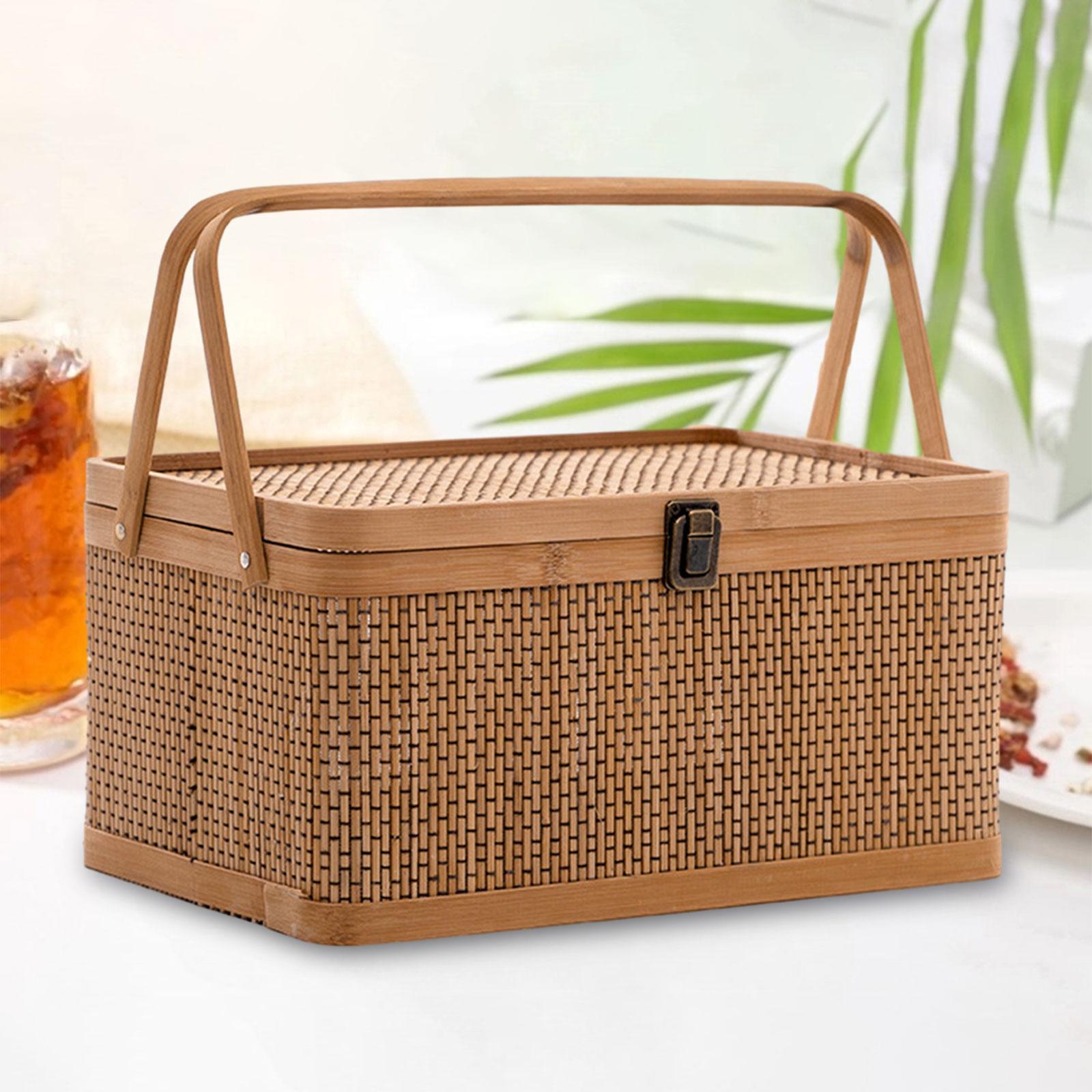 Snacks Food Hamper Basket - Handgefertigter Bambus-Picknickkorb mit Verschließbarem Deckel Lebensmittel-Aufbewahrungskorb