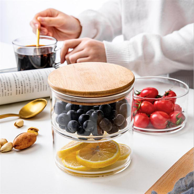 Baby Food Snacks Yogurt - Mini-Glasschüssel mit luftdichtem Bambusdeckel, kleiner Lebensmittelbehälter